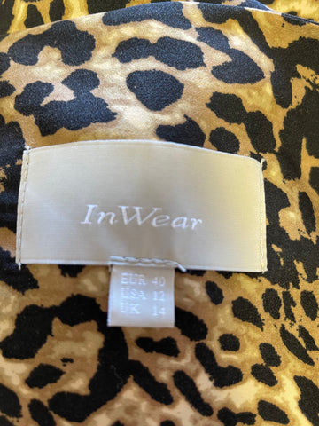 IN WEAR BROWN & BLACK PRINT WRAP ACROSS FRONT BLOUSE SIZE 14