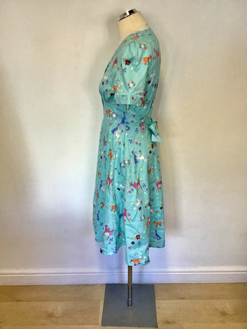 LINDY BOP IONIA AQUA GREEN FOREST ANIMAL PRINT DRESS SIZE 10