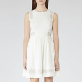REISS BRITT OFF WHITE EMBROIDERED INLAY FIT & FLARE DRESS SIZE 10