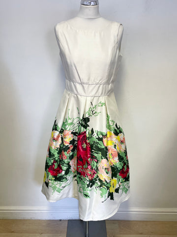 PIKNIK IVORY & FLORAL PRINT SLEEVELESS FIT & FLARE DRESS SIZE 10