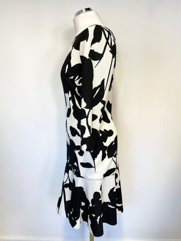 COAST BLACK & WHITE PRINT 3/4 SLEEVE FRILLED HEM PENCIL DRESS SIZE 12
