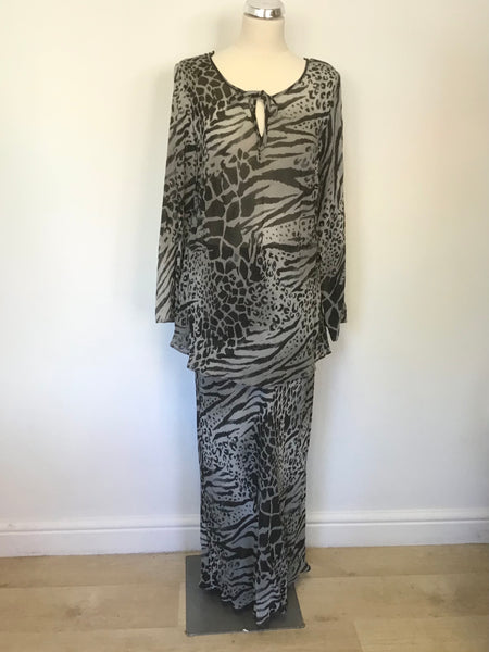 ANN HARVEY GREY ANIMAL PRINT LONG SLEEVE TOP & MATCHING LONG SKIRT SIZE 16/18