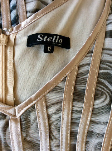 BRAND NEW STELLA BLACK & WHITE ROSE PRINT WITH NUDE SATIN TRIMS LONG DRESS SIZE 12