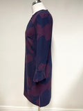 HOBBS NAVY & BURGUNDY PRINT LONG SLEEVE SHIFT DRESS SIZE 10