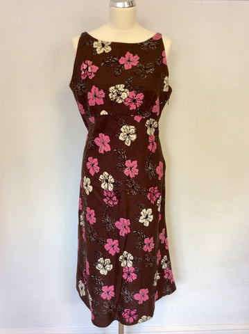 COUNTRY CASUALS BROWN WITH PINK & IVORY FLORAL PRINT LINEN DRESS SIZE 14 PETITE