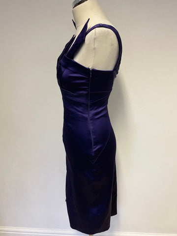 KAREN MILLEN PURPLE SATIN PLEATED DETAIL NECKLINE SPECIAL OCCASION PENCIL DRESS SIZE 10