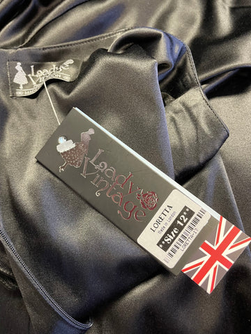 BRAND NEW LADY VINTAGE LORETTA BLACK SATIN SHORT SLEEVE PENCIL DRESS SIZE 12