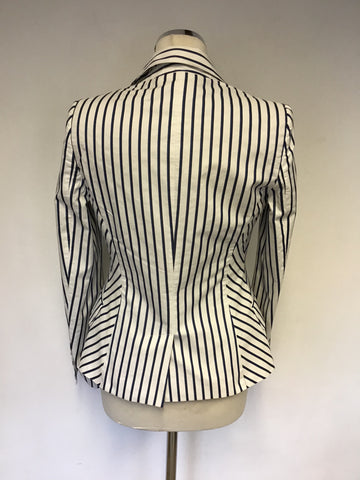 KAREN MILLEN WHITE WITH BLUE & BLACK STRIPE COTTON BLEND JACKET SIZE 8