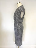 MARKS & SPENCER AUTOGRAPH NAVY PRINT CAP SLEEVE STRETCH PENCIL DRESS SIZE 12