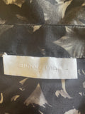 NICOLE FARHI 100% SILK BLACK & GREY FLORAL PRINT SHORT SLEEVED TOP SIZE M