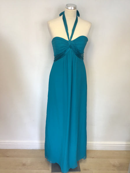 COAST TURQUOISE SILK HALTERNECK/ STRAPLESS MAXI DRESS SIZE 10
