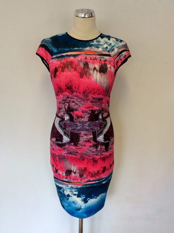 TED BAKER MULTI COLOURED PRINT STRETCH DRESS SIZE 1 UK 8/10