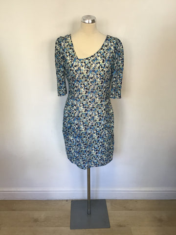 REISS RACHEL TURQOUISE,BLUE & WHITE FLORAL PRINT STRETCH SHORT SLEEVE DRESS SIZE 14