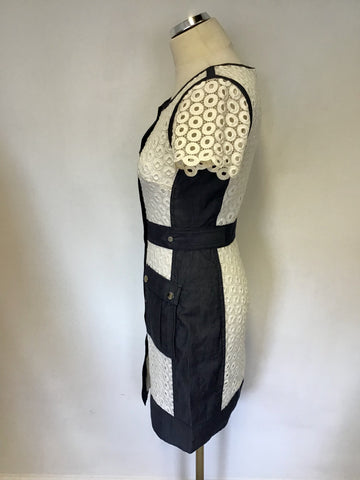 KAREN MILLEN DENIM BLUE & WHITE LACE PENCIL DRESS SIZE 10