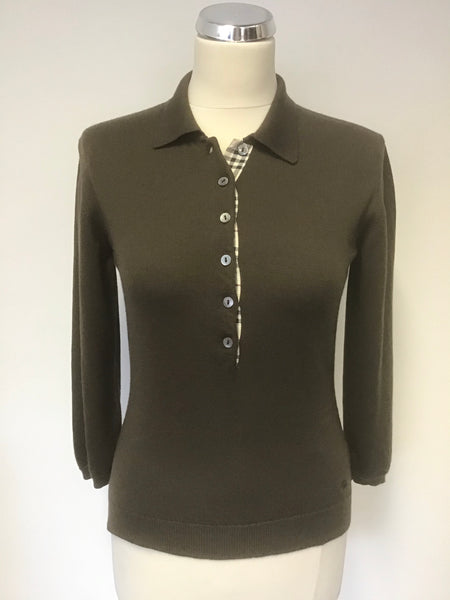 BURBERRY BROWN COLLARED BUTTON FASTEN 3/4 SLEEVE JUMPER SIZE S