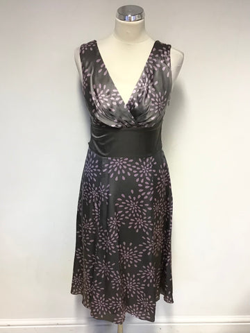 TED BAKER GREY & LILAC PRINT 100% SILK SLEEVELESS FIT & FLARE DRESS SIZE 2 UK 10