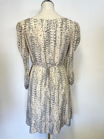 REISS JULIETTE CREAM & GREY FEATHER PRINT 3/4 SLEEVE DRESS SIZE 8