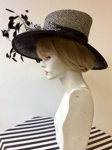 VICTORIA ANN BLACK & WHITE WEAVE WITH FEATHERS WIDE BRIM FORMAL HAT