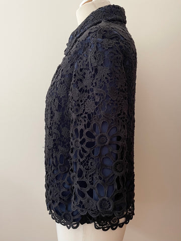 FRENCH CONNECTION BLACK LACE OVER NAVY BLUE LINING HALF SLEEVE JACKET SIZE 8