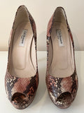 LK BENNETT BROWN,TERRACOTTA & CREAM SNAKESKIN PRINT PEEPTOE LEATHER HEELS SIZE 5/38