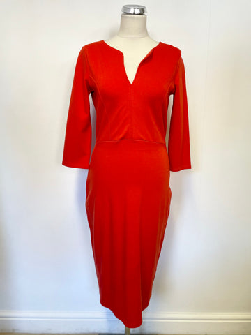 JAEGER RED STRETCH JERSEY 3/4 SLEEVE PENCIL DRESS SIZE S