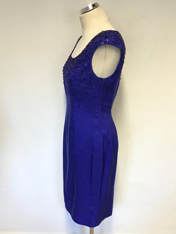 LK BENNETT ROYAL BLUE SILK BEADED & SEQUINNED TRIM PENCIL DRESS SIZE 10