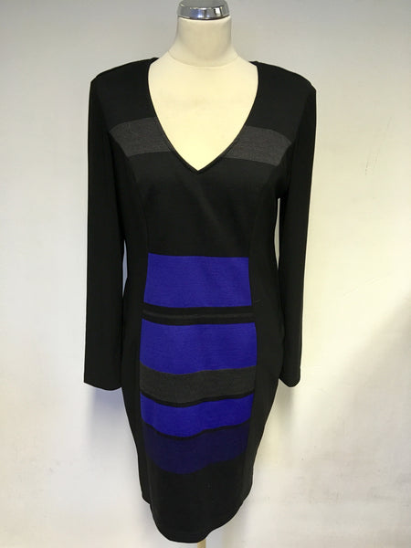 JOSEPH RIBKOFF BLACK,GREY & BLUE LONG SLEEVE PENCIL DRESS SIZE 16