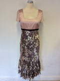 FENN WRIGHT MANSON SILVER,PINK & BROWN SILK BLEND PRINT DRESS & JACKET SIZE 12