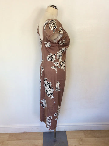 STOP STARING BY ALICIA ESTRADA TAN FLORAL GARDENIA WIGGLE / PENCIL DRESS SIZE XL UK 16