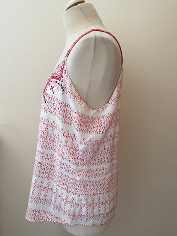 MINT VELVET IVORY, PINK & RED PRINT EMBROIDERED TRIM SLEEVELESS TOP SIZE 16