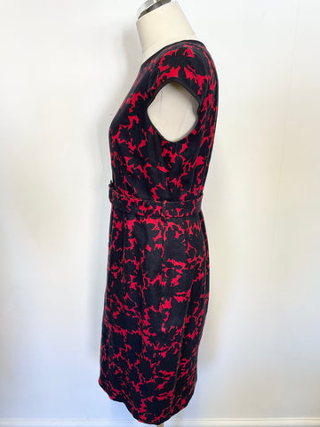 HOBBS NAVY BLUE & RED PRINT LINEN CAP SLEEVE BELTED PENCIL DRESS SIZE 12