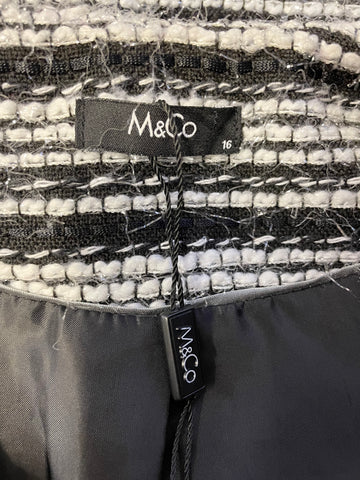 BRAND NEW M&CO BLACK, IVORY & METALLIC WEAVE STRIPE COLLARLESS ZIP FRONT JACKET SIZE 16