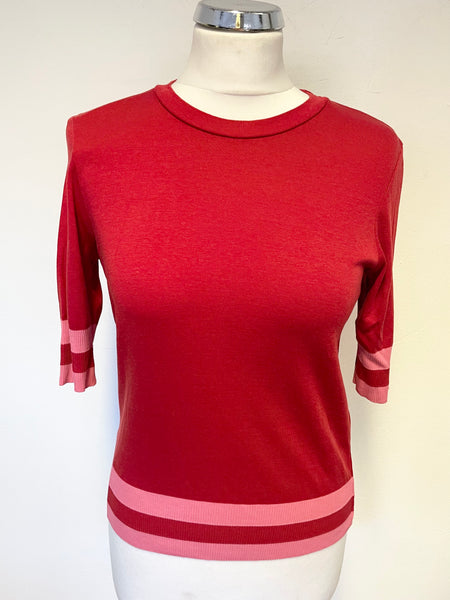 LK BENNETT MICHI RED & PINK SHORT SLEEVED FINE KNIT TOP SIZE S