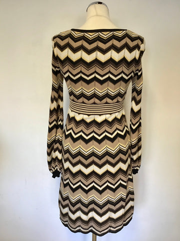 KAREN MILLEN BROWN, BLACK & CREAM ZIG ZAG KNIT DRESS SIZE 1 UK 8/10
