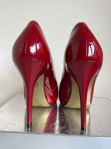 OFFICE DARK RED PATENT LEATHER SQUARE TOE HEELS SIZE 5/38