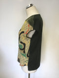 LUISA CERANO DARK GREEN SILK FRONT PRINT CAP SLEEVE TOP SIZE 14