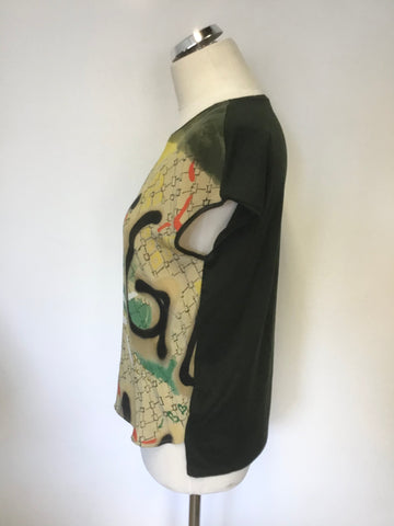 LUISA CERANO DARK GREEN SILK FRONT PRINT CAP SLEEVE TOP SIZE 14