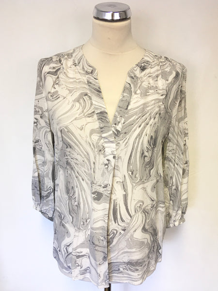 PURE COLLECTION GREY & WHITE PRINT 3/4 SLEEVE SILK BLOUSE SIZE 10