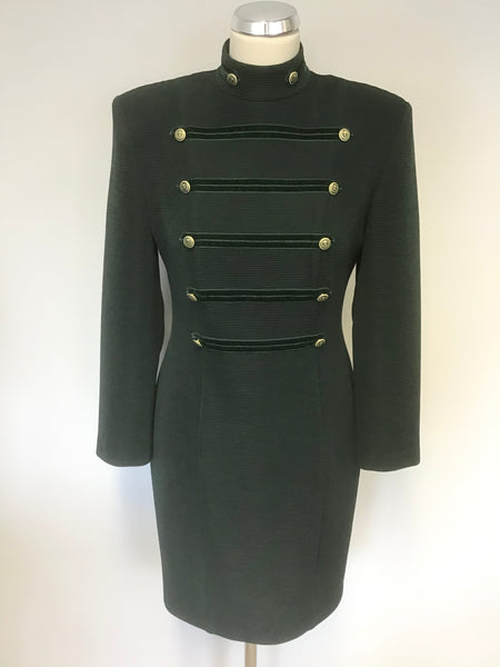 VINTAGE JOSEPH RIBKOFF DARK GREEN MILITARY BUTTON STLE PENCIL DRESS SIZE 10 PETITE