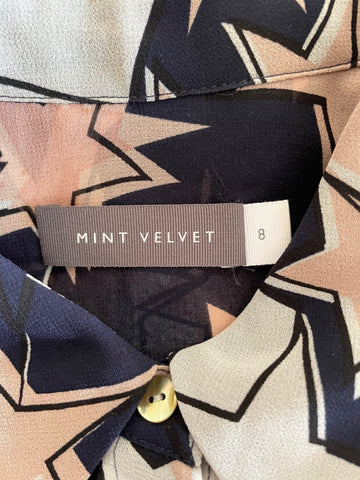 MINT VELVET NAVY,WHITE & PINK STAR PATTERNED LONG SLEEVE BLOUSE SIZE 8