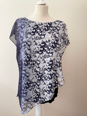 MINT VELVET BLACK & GREY PRINT DUAL LAYER ASYMETRIC CAP SLEEVE TOP SIZE 14
