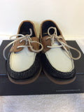 BRAND NEW SAMUEL WINDSOR NAVY BLUE,TAN & WHITE LEATHER DECK SHOES SIZE 8/42
