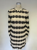LK BENNETT CLAUDINE BLACK & CREAM CROCHET LONG SLEEVE SHIFT DRESS SIZE 8