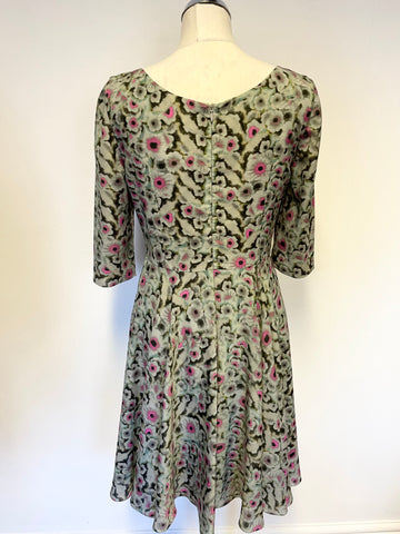 ERDEM GREEN,GREY & PINK FLORAL PRINT SILK HALF SLEEVE FIT & FLARE DRESS SIZE 12