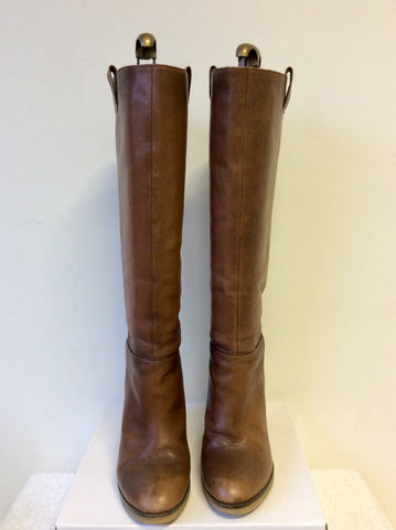 ZARA WOMAN TAN LEATHER WEDGE HEEL KNEE LENGTH BOOTS SIZE 5/38