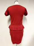 KAREN MILLEN RED FINE KNIT SHORT SLEEVED PEPLUM TRIM PENCIL DRESS  SIZE 4 UK 12/14