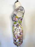 TED BAKER WHITE,PINK & LIME GREEN FLORAL PRINT PENCIL DRESS SIZE 1 UK 8/10