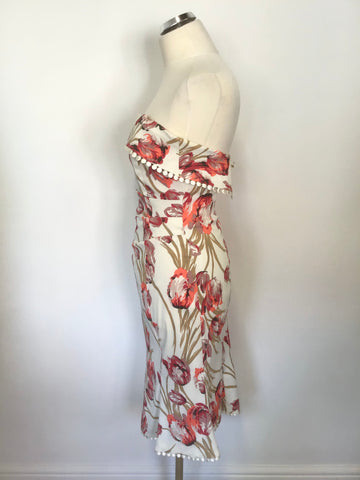 KATEN MILLEN CREAM & RED TULIP PRINT STRAPLESS PENCIL DRESS SIZE 10