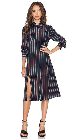 BRAND NEW FRAME NAVY VINTAGE STRIPE TIE NECK SILK SHIRT DRESS SIZE S