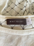 MINT VELVET WHITE FINE KNIT 3/4 SLEEVE TOP WITH SEMI SHEER GREY PRINT REAR SIZE 12